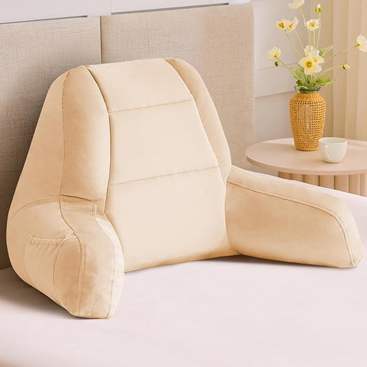 Reading Pillows for Sitting in Bed Adult, Back Pillow for Bed Sitting Up, Backrest Pillows with Shredded Foam for Adult&Teens, Support Pillow with Arms for Beds, Couch, Floor, 24in, Beige