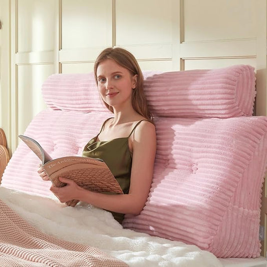 Headboard Wedge Pillow + A Long Neck Roll Pillow Body Pillow,Large Headboard Pillow with Removable Cover (Pink, King:76x8x20 inches)