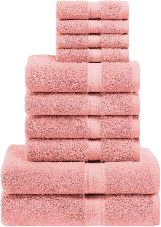 Superior Egyptian Cotton Pile 10 Piece Towel Set, Includes 2 Bath, 4 Hand, 4 Face Towels/Washcloths, Ultra Soft Luxury Towels, Thick Plush Essentials, Guest Bath, Spa, Hotel Bathroom, Tea Rose