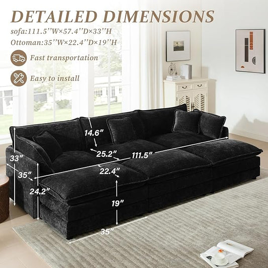 SoarFlash Chenille Sectional Sofa, Comfy Modular Coush Sofa with Ottoman, Modern 3 Seat Recliner Deep Seat Sofa Set for Living Room,Black