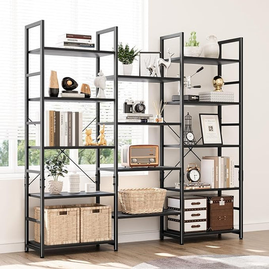 NUMENN Triple Wide 5 Tier Bookshelf, Rustic Industrial Style Bookcases and Bookshelves with 14 Open Display Shelves, Modern Tall Bookcase Furniture for Bedroom, Living Room and Home Office, Black