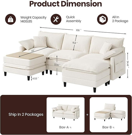 108" U Shaped Modular Sectional Cloud Couch with Two Ottoman, Snap-on Easy Installation 5-Piece Deep Seat Sofas with Storage Bag and Coffee Table for Living Room, Corduroy, Beige