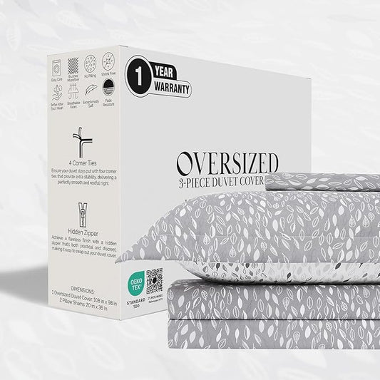 Southshore Fine Living, Inc. Reversible Oversized King Duvet Cover Set, California King Duvet Cover Pattern Botanical, Hotel Quality Bedding King/Cal King, 2 Grey Pillow Shams - Botanical Leaves Grey
