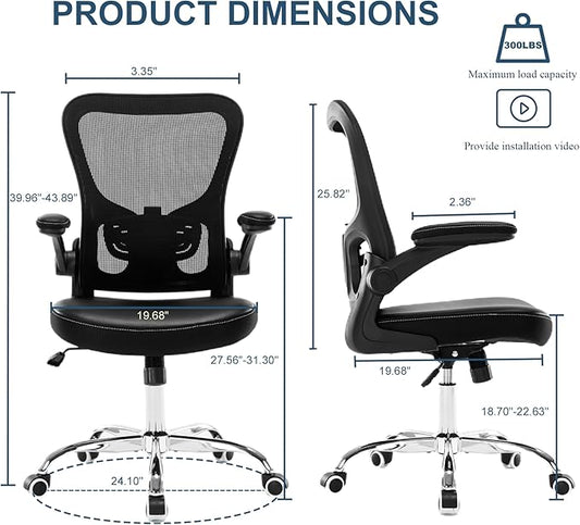 Ergonomic Office Chair with Lumbar Support, Adjustable PU Leather Computer Chair, Executive Desk Chair with Flip-up Arms, Breathable Mesh Back, Swivel Rolling Task Chair for Home Office Black