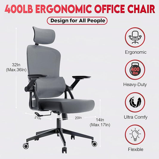 Ergonomic Office Chair - 400LB Comfy Desk Chairs with Adjustable Headrest and Lumbar Back Support, Mesh Computer Chairs with Wheels and Arms for Home Office, Study