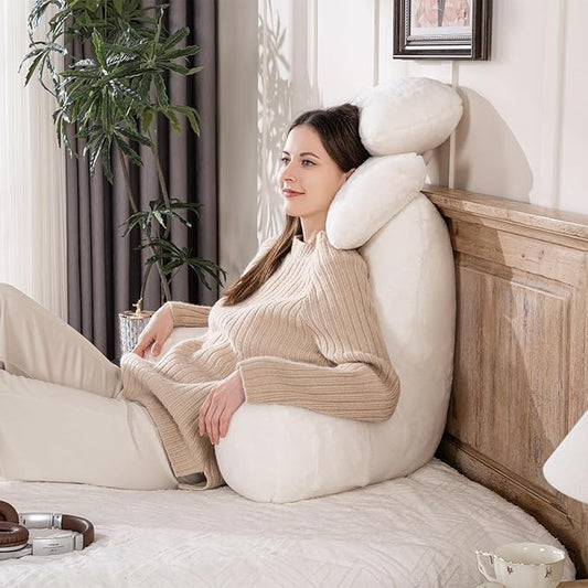 NOONTIDE Reading Pillow for Sitting up in Bed and Couch,32" X-Large Back Pillow for Adult & Teens with Soft Adjustable Neck Roll Backrest Pillow,Washable Cover,Watching TV/Gaming/Relaxing(FurryWhite)