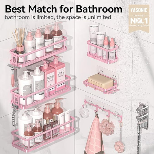 YASONIC Shower Caddy, 6 Pack Large Capacity Bath Organizer with Soap Holder and 12 Hooks, Rustproof Shower Shelves for Inside Shower, No Drilling&Sleek Bathroom Organizers and Storage Pink