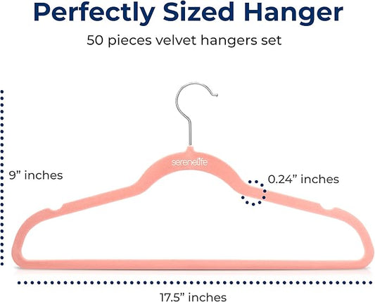 SereneLife 50 Pack Velvet Hangers - Non-Slip, 360° Swivel Hook - Ultra-Thin, Lightweight Velvet Hangers for Shirts, Sweaters, Hoodies, Kids Clothes & Dresses - Space-Saving