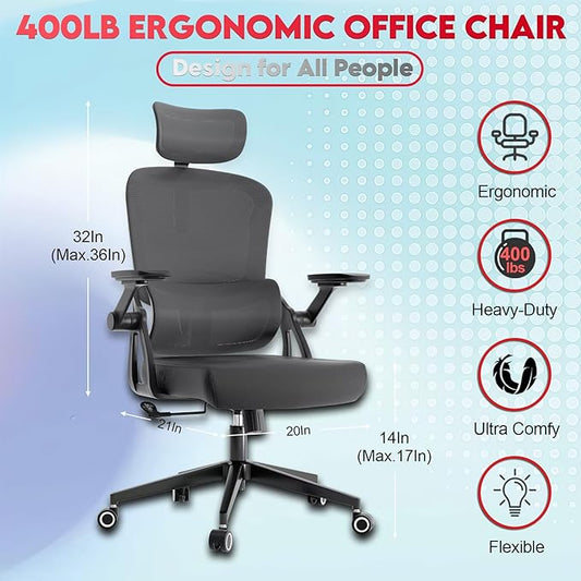 Ergonomic Office Chair - 400LB Comfy Desk Chairs with Adjustable Headrest and Lumbar Back Support, Mesh Computer Chairs with Wheels and Arms for Home Office, Study (218Gray-With Headrest)