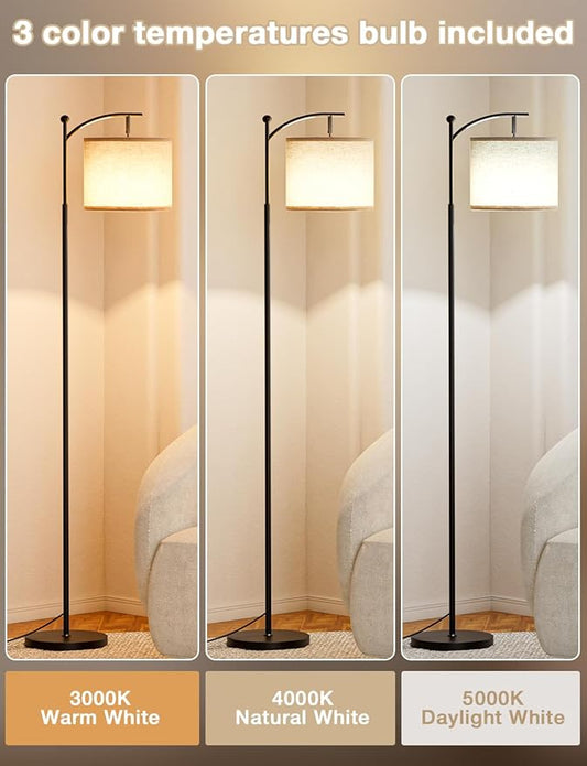 Ambimall Tall Floor Lamps with 3 Color Temperatures Bulb & Adjustable Linen Shade, for Living Room, Bedroom, Office, Classroom, Dorm Room (9W Bulb Included), Beige & Black, 60"