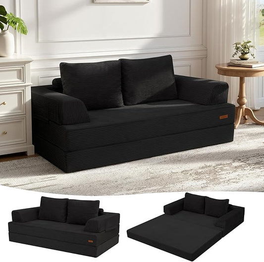 COMAX Convertible Sofa Bed – Folding Floor Couch Loveseat with Corduroy Cover & Pillows, Black | Multi‑Mode Lounger, Futon Sleeper Mattress for Living Room & Bedroom