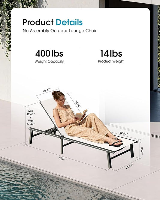 Ciokea Upgraded Aluminum Outdoor Lounge Chair - No Assembly Needed, Foldable Patio Chaise Lounge with 5 Adjustable Positions, Reinforced Frame for Extra Durability, Pool Beach Lounge Chair, White