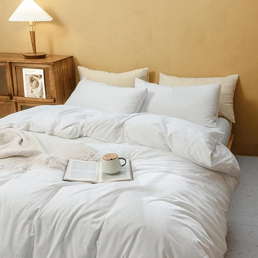FOSSA Duvet Cover Set 100% Washed Cotton Linen Feel Super Soft Breathable Cozy 3 Pieces Bedding Sets Solid Off White Full/Double