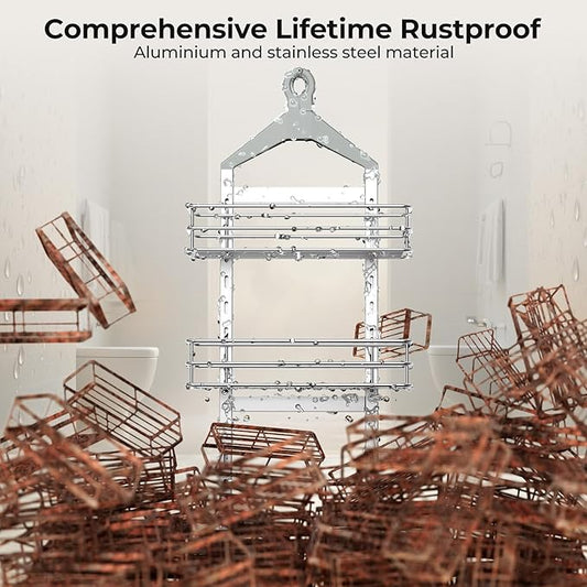 Orimade Aluminum Hanging Shower Caddy Over Head, Adjustable Anti-Slip Bathroom Shelves with Hooks, Rustproof Shower Organizer Storage Rack, Silver 3 Tier