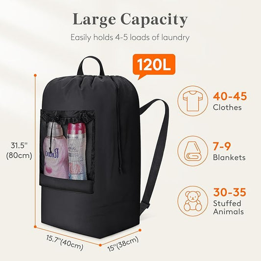 Lifewit 120L Laundry Bag, Extra Large Laundry Backpack with Shoulder Straps and Mesh Pocket for Laundromat, Heavy Duty Laundry Bag Backpack for Dirty Clothes for College Dorm/Travel/Apartment, Black