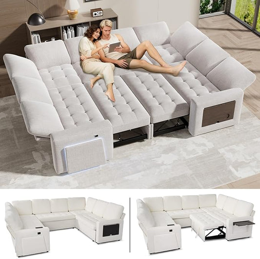 WEUP 8 Seat U Shaped Sectional Sleeper Sofa Bed with Pull Out Bed, Chenille Sectional Sleeper Couch with Adjustable Backrest, USB Ports, LED, Side Table, Tool-Free Assembly, Chenille Beige
