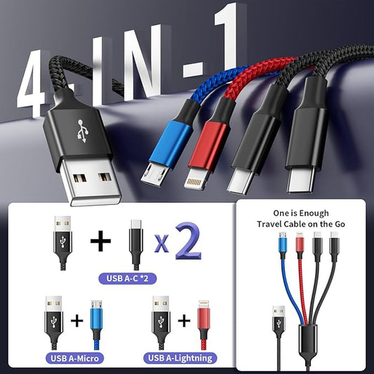 Dual Type-C 4 in 1 Multi Charging Cable for Multiple Devices with 2 USB-C/Lightning/Micro Port, USB Cable iPhone Charger Cord, Travel Charger for iPhone17-8, Android iPad, Stocking Stuffers - 2Pcs 5FT