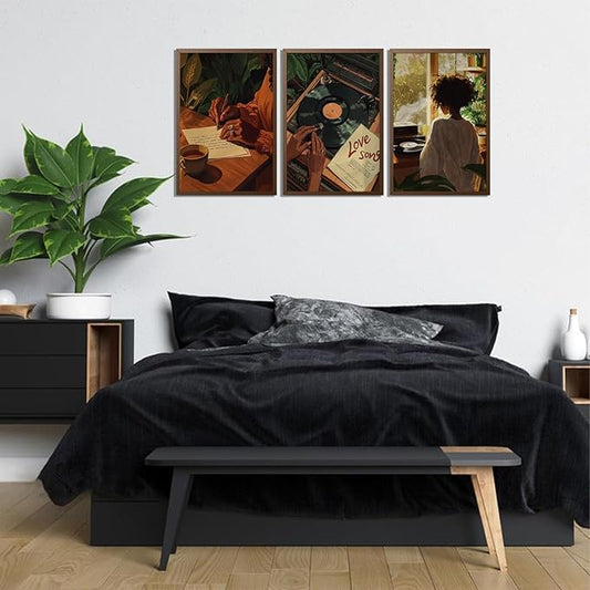 XLYFVLGF 3Pcs Black Women Canvas Wall Art African American Pictures Wall Decor Black Girl Painting Fashion Abstract Prints for Bedroom Bathroom Living Room Home Decoration 12x16in