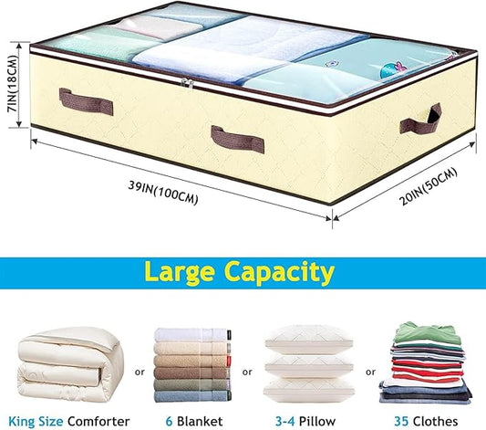 90L Under Bed Storage Containers, Closet Organizers and Storage Bins, Foldable Underbed Storages Bags for Blankets, Towels, Comforter, Sweaters, Pillows, Linen Sheets, Wrapping Paper, 4 Pack Beige