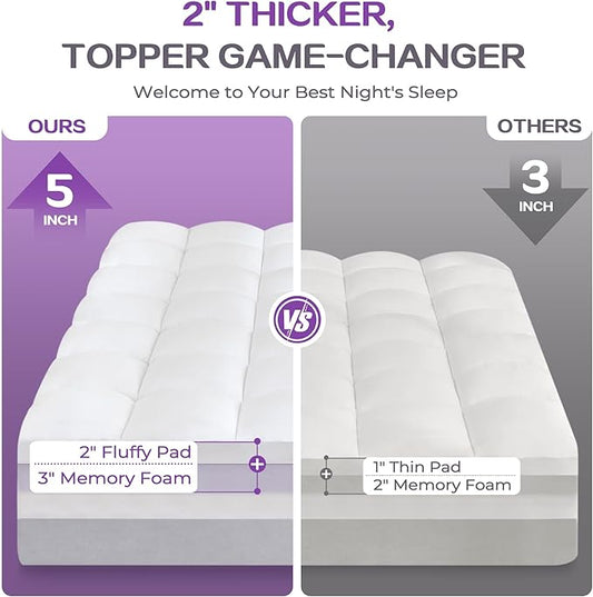 SINWEEK Dual Layer 5 Inch Memory Foam Mattress Topper Queen Size, 3 Inch Gel Memory Foam Plus 2 Inch 1450 GSM Down Alternative Quilted Pillow Top Mattress Pad Cover, White