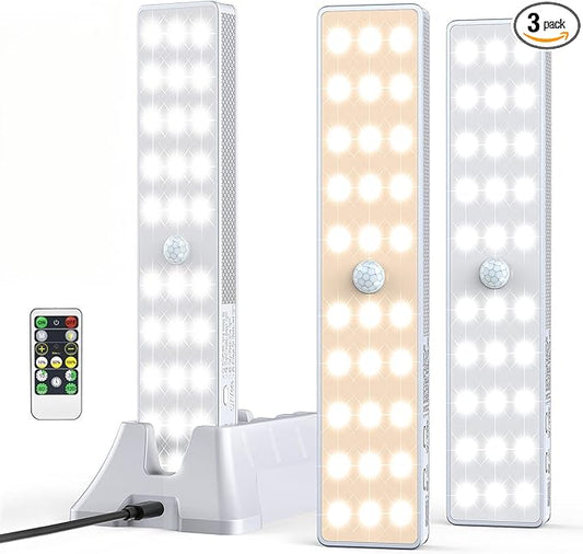 LED Closet Light with Charging Station, 3 Pcs 3 Color Temperatures 30LEDs Dimmer Rechargeable Motion Sensor Under Cabinet Lighting, Stick-on Night Light for Kitchen