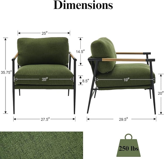 Mid-Century Accent Chair, Soft Armchair Linen Fabric Lounge Chair with Black Metal Legs, Upholstered Leisure Chair for Living Room Reception Room, 1PC, Green