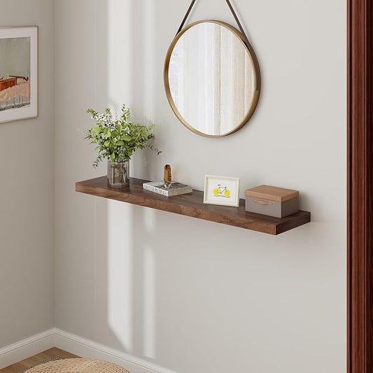Fun Memories Farmhouse Floating Shelves for Wall, 48 x 9.3 Large Floating Shelf Wall Mounted, Rustic Wood Shelves for Bathroom, Kitchen, Living, Heavy-Duty Storage Deep Shelf for Books, Decor, Walnut