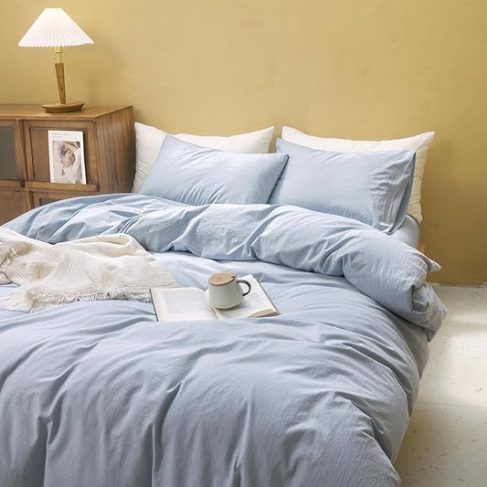 FOSSA Duvet Cover Set 100% Washed Cotton Linen Feel Super Soft Breathable Cozy 3 Pieces Bedding Sets Solid Cornflower Blue Oversized Queen