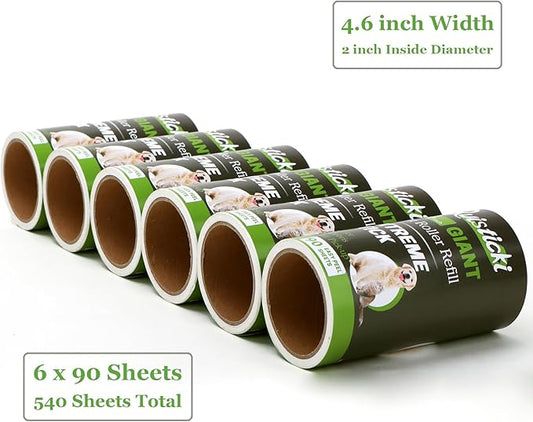 4.6 inch Lint Roller Refills Compatible with Evercare Giant Lint Rollers and T Handle Pet Hair Roller Extreme Stick 90 Sheets Each Refill Roll (Pack of 6, 540 Sheets Total)