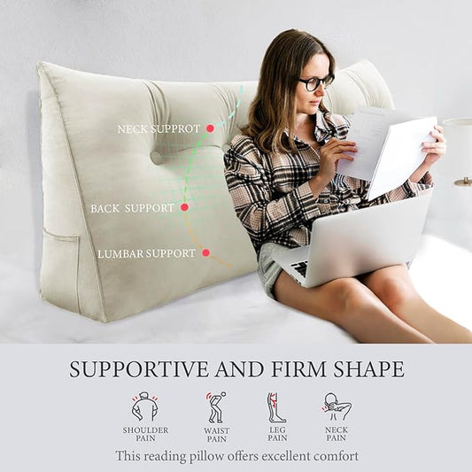 11 lbs Thickened Queen Headboard Pillow for Sitting Up in Bed, Back Support Reading Pillow with Side Pocket and Velvet Removable Cover, Triangular Large Wedge Headboard Pillow