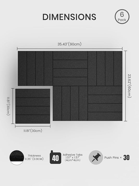 Bumusty Large Cork Board Alternative-36 x24 Felt Bulletin Board Tiles, with 30 Pushpins, 40 Adhesive Tabs, 6-Pack Slat Wall Paneling, Cork Boards for Office Push Pin Board Felt Board-Black