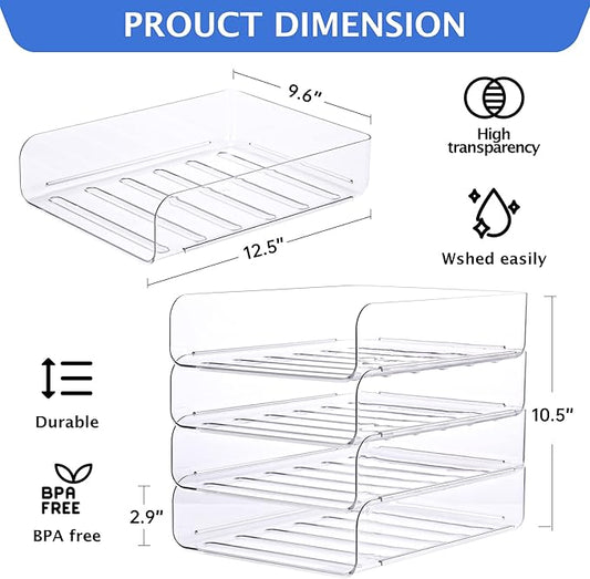 Set of 4 Office Organization and Storage, Clear PET Letter Tray Desk Organizer, Stackable Document Organizer and File Paper Organizer for Office Supplies