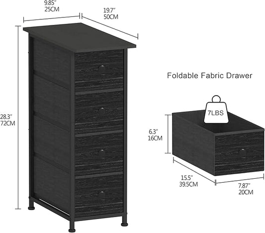 GiftGo Narrow Dresser Vertical Slim Dresser Chest of Drawers Skinny Storage Tower for Small Spaces Gaps Closet Bedroom Bathroom Small Fabric Drawer Unit (Charcoal Black, 4 Drawers)