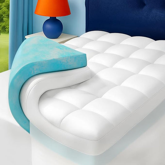 Full Size Dual Layer 4 Inch Memory Foam Mattress Topper, 2 Inch Gel Infused Memory Foam and 2 Inch Down Alternative Pillow Top Mattress Pad Cover, Medium Support for Back Pain & Side Sleep