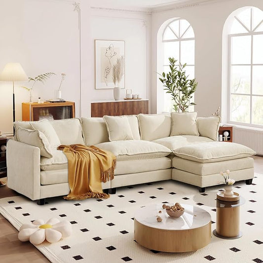 SoarFlash 113.78" Chenille Sectional Sofa, Comfy L Shaped Modular Coush Sofa with Ottoman, Modern 4 Seat Couch Deep Seat Sofa Set for Living Room,Beige