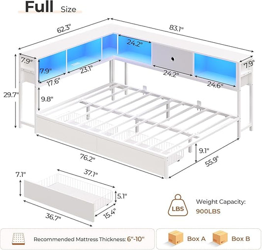 Hasuit Corner Full Bed Frame with Storage Drawers and Bookcase Headboard, Full Size Metal Platform Corner Bed Frame with Charging Station and LED Lights, Full Daybed for Kids Teens Guests, White