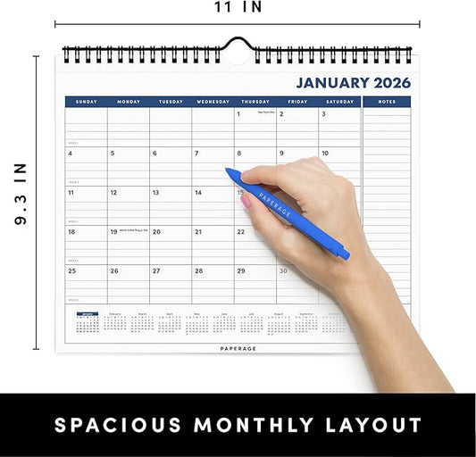 PAPERAGE 2026 Calendar, 12 Months (January 2026 - December 2026), Small (9 in x 11 in), Minimalist Wall and Desk Calendar with Monthly Views, Yearly Plans & Notes Section – Navy