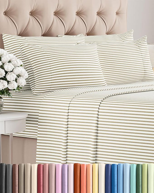 King 6 Piece Sheet Set - Comfy Breathable & Cooling - Soft Hotel Luxury Bedding Set with 8-16 Inch Deep Pockets - 1 Flat & 1 Fitted Sheet & 4 Pillowcases - Wrinkle Free & Easy Care - Beige Stripes 2