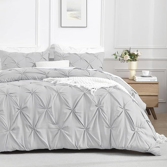 Andency Light Grey King Size Comforter Set, 3 Piece Gray Pinch Pleat Fluffy Lightweight Bedding Set, All Season Soft Microfiber Bed Set