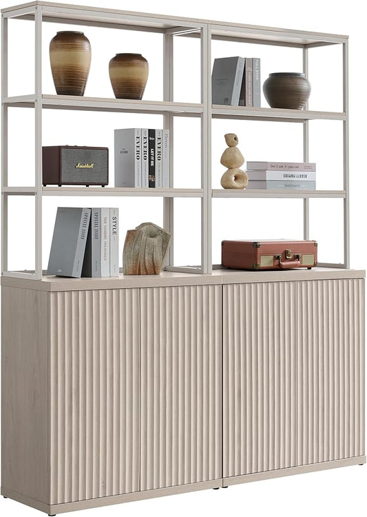 SICOTAS Book Shelf Fluted Bookshelf Cabinet - 75" Tall Bookcase 6 Tier Large Bookshelves with Door Storage Modern Double Wide Book Shelves Case for Living Room Office Library, Metal Frame, White Alder