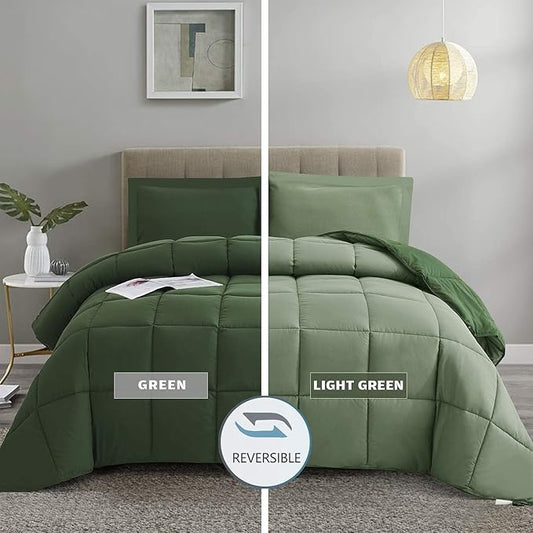 HIG 3pc Green Queen Size Comforter Set - All Season Reversible Down Alternative Bedding Comforter Set - Quilted Duvet Insert with Corner Tabs - Box Stitched Blanket - Breathable, Soft, Fluffy