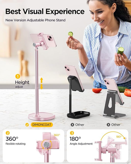 DIMONCOAT Cell Phone Stand for Desk, Stocking Stuffers Gifts for Teens Girls Boys Adults,Phone Holder Angle Height Adjustable, Aluminum Alloy Universal iPhone Stand for iPhone 17 16 15 Pro Max -Pink