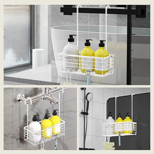 DELLAN Hanging Shower Caddy, Shower Rack Hanging for Bathroom, Shower Rack with Hooks Over the Door, Bathroom Shower Caddy and Basket(White)