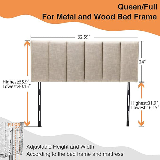 Yongchuang Upholstered Queen Headboard Linen Headboard for Queen Size Bed Adjustable Height Modern Head Board Panel Oatmeal