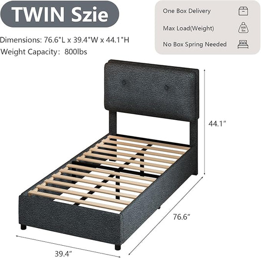 Twin Bed Frames,Breathable Boucle Fabric Upholstered Bed Frame Twin with Headboard,Removable and Washable,Wood Slat Support,No Box Spring Needed,Easy Assembly,Cama Individual, Dark Grey
