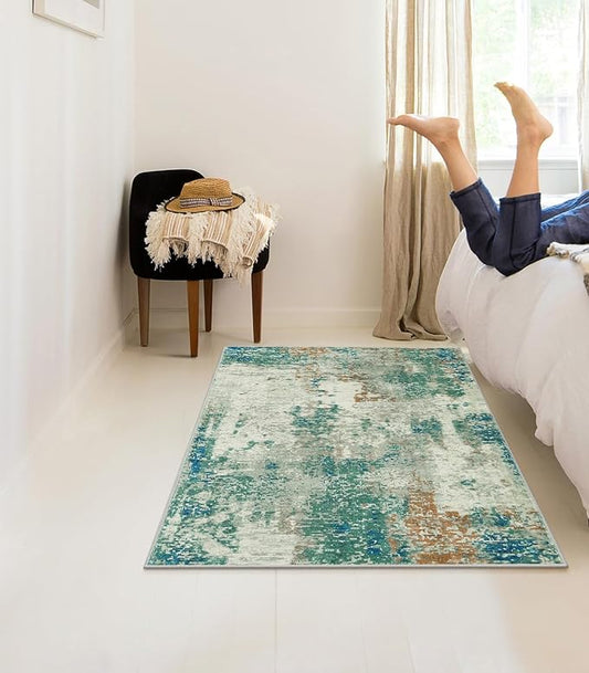 Lahome Modern Abstract Area Rugs 3x5 Washable Rug, Throw Rugs for Bedroom Low Pile Anti Slip, Distressed Accent Carpet for Entryway Kitchen Bathroom Laundry Front Door, Green/Grey