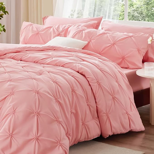 BEDELITE Pink King Size Comforter Set - 3 Pieces Boho Pintuck Bedding Comforter Sets, Lightweight Soft & Warm King Bedding Set with 2 Pillowcases for All Season