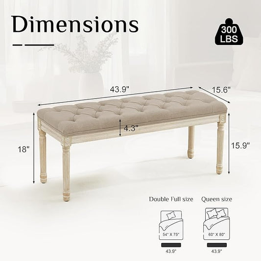 LOULENS 43.9" Linen Fabric End of Bed Bench, Vintage French Upholstered Button Tufted Entry Bench, Window Seat with Carved Wood Legs for Bedroom, Living Room, Entryway, Foyer, Hallway, Light Brown