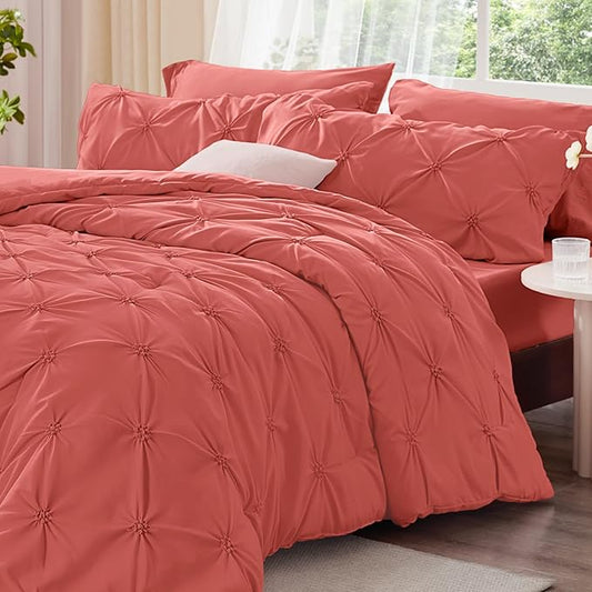 BEDELITE Coral King Size Comforter Set - 3 Pieces Boho Pintuck Bedding Comforter Sets, Lightweight Soft & Warm King Bedding Set with 2 Pillowcases for All Season