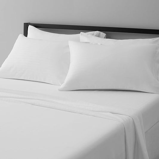 Amazon Basics Soft, Comfortable Queen Size Bed Sheets, Deluxe Microfiber, 4-Piece, Bright White Striped AmazonBasics